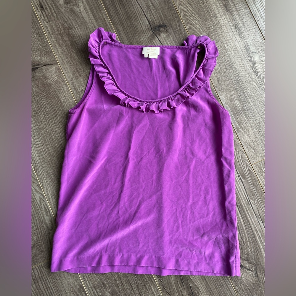 Kate Spade 100% SILK “live colorfully” fuchsia/purple ruffled collar tank blouse